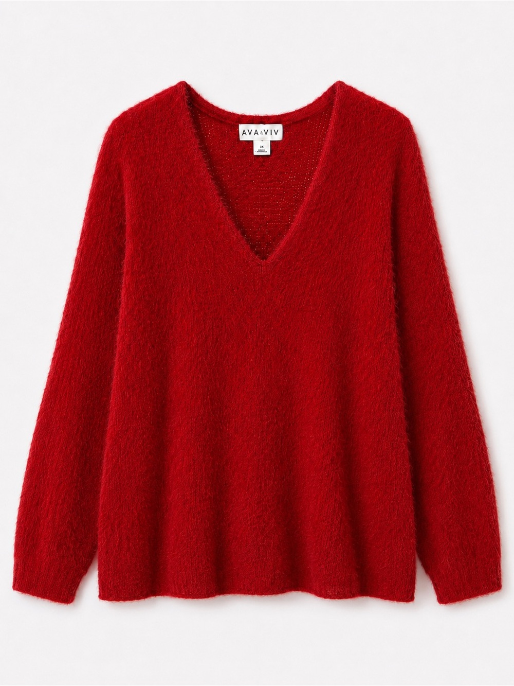 Ava & Viv Ruby Red V-Neck Fuzzy Sweater